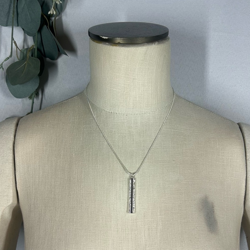 Nine West | Vertical Diamond Bar Silver Necklace Pendant Crystals - Picture 3 of 8